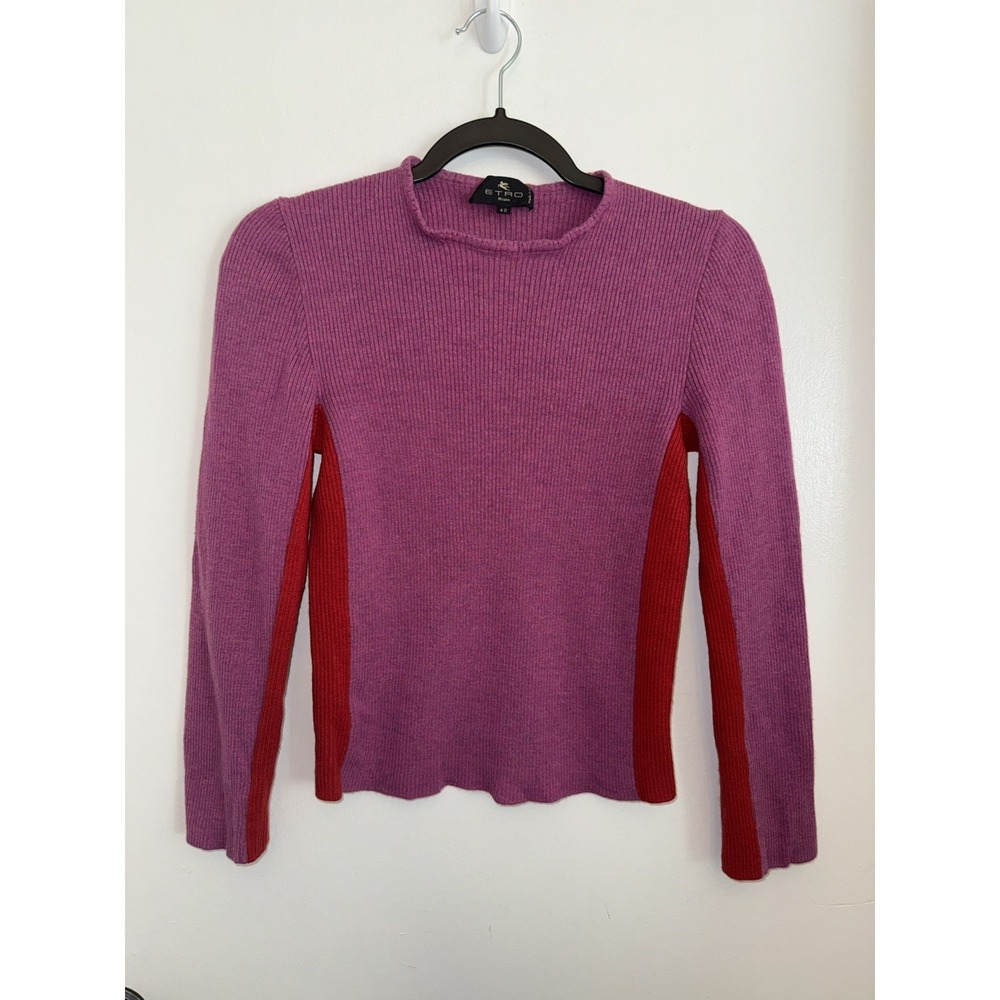 VTG ETRO Milano 100% Wool Ribbed Sweater Pink Red Colorblock Italy Womens Sz 42